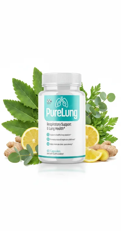 PureLung respiratory support capsule bottle surrounded by green tea leaves, lemon, ginger and eucalyptus