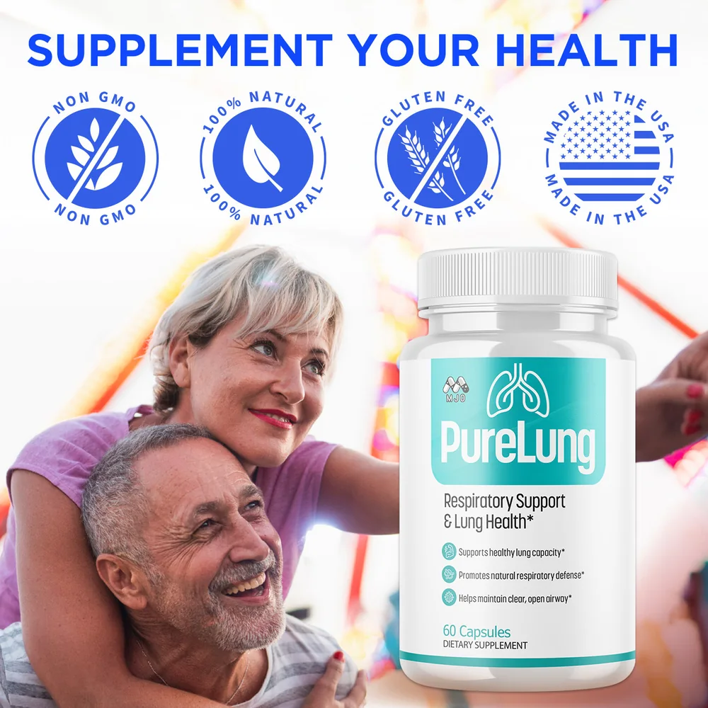 PureLung lung health supplement bottle with non-GMO, natural, gluten-free and made in the USA badges beside an older couple
