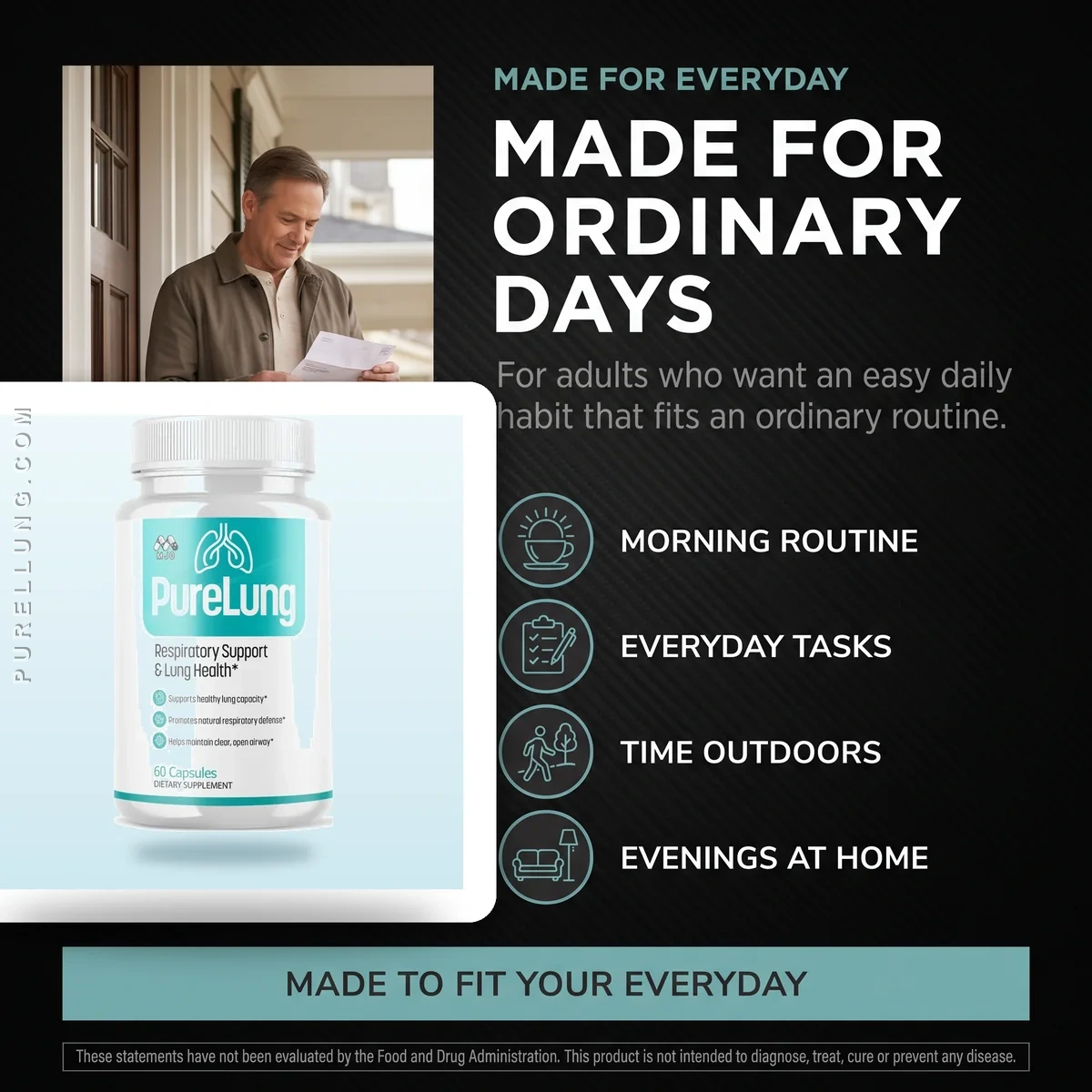 Who PureLung is for: adults who want an easy daily habit for mornings, everyday tasks, time outdoors and evenings at home