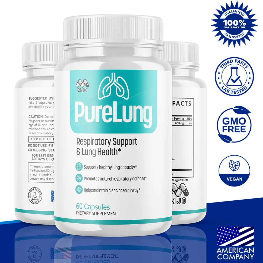 PureLung respiratory support capsules featured bottle with lung health label claims